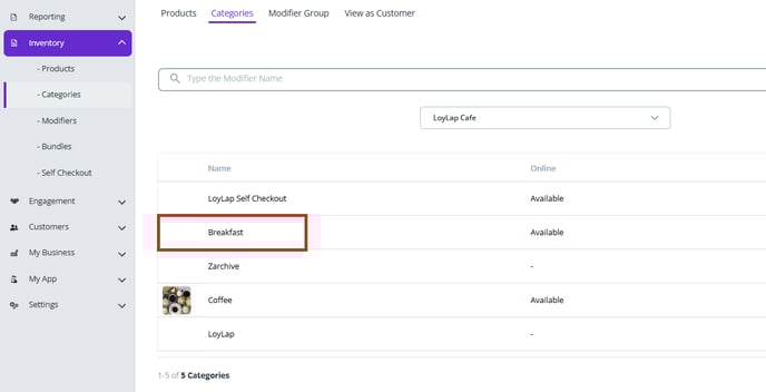 Inventory Categories Selection