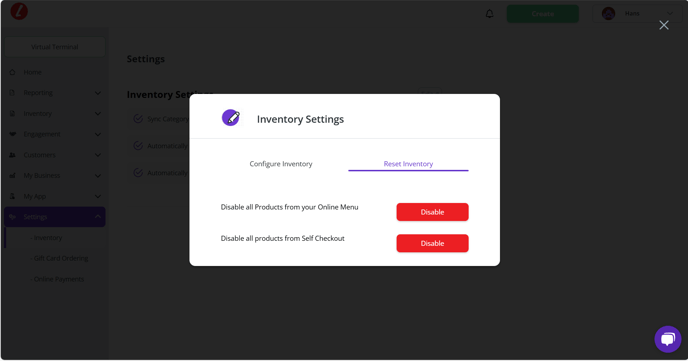 Settings reset inventory